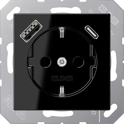 JUNG A 1520-15 CA SW wandcontactdoos randaarde Safety+ met USB type A en C A-range zwart glans