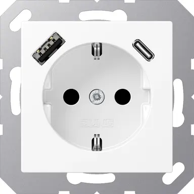 JUNG A 1520-15 CA WWM wandcontactdoos randaarde Safety+ met USB type A en C A-range sneeuwwit mat