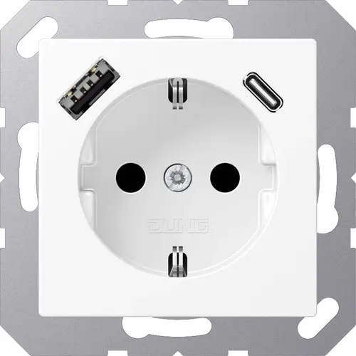 JUNG A 1520-15 CA WWM wandcontactdoos randaarde Safety+ met USB type A en C A-range sneeuwwit mat