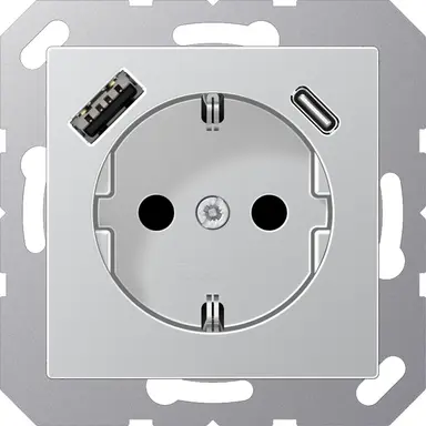 JUNG A 1520-15 CA AL wandcontactdoos randaarde Safety+ met USB type A en C A-range aluminium