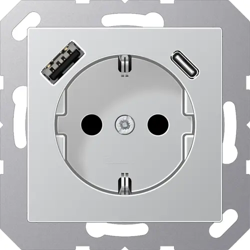 JUNG A 1520-15 CA AL wandcontactdoos randaarde Safety+ met USB type A en C A-range aluminium