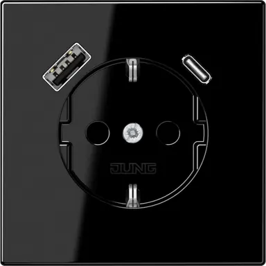 JUNG LS 1520-15 CA SW wandcontactdoos randaarde Safety+ met USB type A en C LS990 zwart glans
