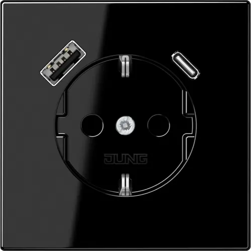 JUNG LS 1520-15 CA SW wandcontactdoos randaarde Safety+ met USB type A en C LS990 zwart glans