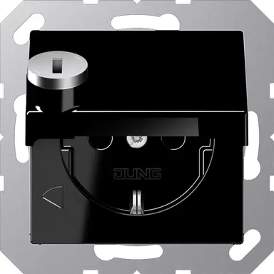 JUNG A 1520 NBFKLSL SW wandcontactdoos randaarde Safety+ met klapdeksel en slot A-range zwart glans