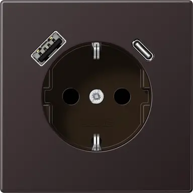 JUNG AL 1520-15 CA D wandcontactdoos randaarde Safety+ met USB type A en C LS990 dark gelakt aluminium