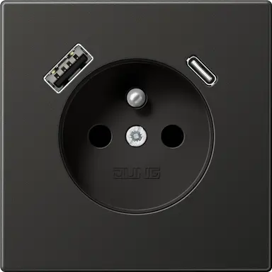 JUNG AL 1520 F-15 CA AN wandcontactdoos penaarde Safety+ met USB type A en C LS990 antraciet gelakt aluminium