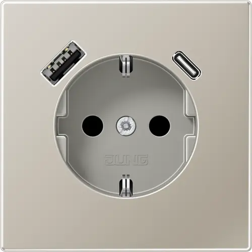 JUNG ES 1520-15 CA wandcontactdoos randaarde Safety+ met USB type A en C LS990 edelstaal