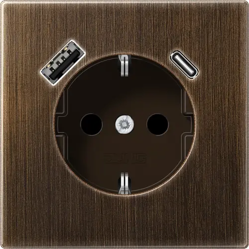 JUNG ME 1520-15 CA AT wandcontactdoos randaarde Safety+ met USB type A en C LS990 messing antiek