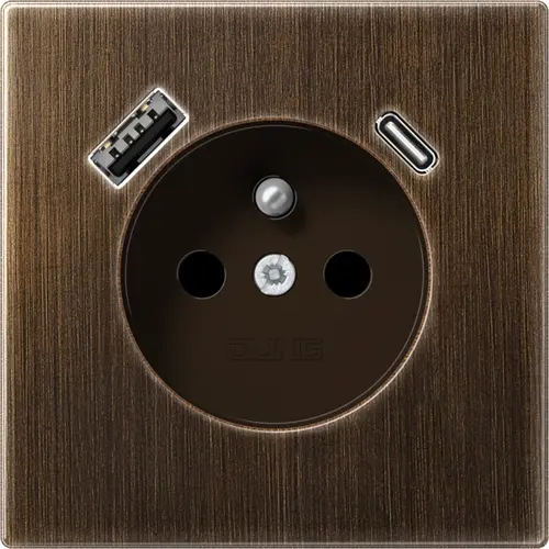 JUNG ME 1520 F-15 CA AT wandcontactdoos penaarde Safety+ met USB type A en C LS990 messing antiek