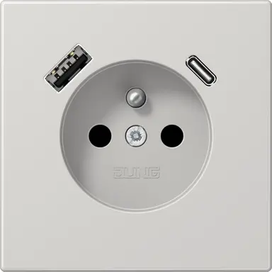 JUNG LS 1520 F-15 CA LG wandcontactdoos penaarde Safety+ met USB type A en C LS990 lichtgrijs