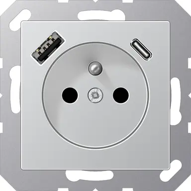 JUNG A 1520 F-15 CA AL wandcontactdoos penaarde Safety+ met USB type A en C A-range aluminium