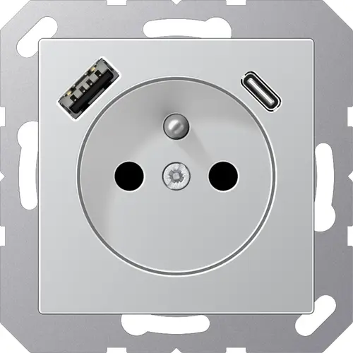 JUNG A 1520 F-15 CA AL wandcontactdoos penaarde Safety+ met USB type A en C A-range aluminium