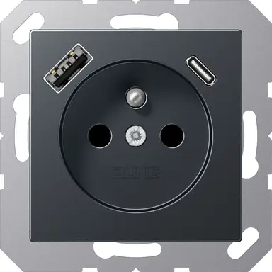 JUNG A 1520 F-15 CA ANM wandcontactdoos penaarde Safety+ met USB type A en C A-range antraciet mat