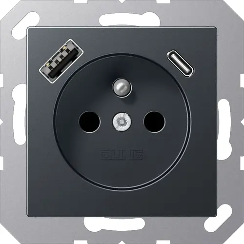 JUNG A 1520 F-15 CA ANM wandcontactdoos penaarde Safety+ met USB type A en C A-range antraciet mat