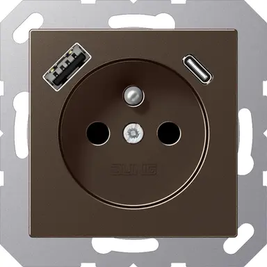 JUNG A 1520 F-15 CA MO wandcontactdoos penaarde Safety+ met USB type A en C A-range mokka