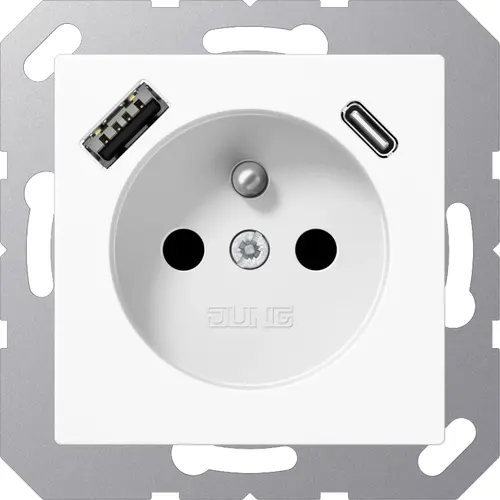 JUNG A 1520 F-15 CA WW wandcontactdoos penaarde Safety+ met USB type A en C A-range alpine wit