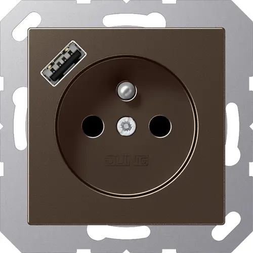 JUNG A 1520 F-18 A MO wandcontactdoos penaarde Safety+ met USB type A A-range mokka