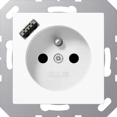 JUNG A 1520 F-18 A WW wandcontactdoos penaarde Safety+ met USB type A A-range alpine wit
