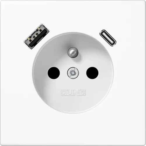JUNG LS 1520 F-15 CA WW wandcontactdoos penaarde Safety+ met USB type A en C LS990 alpine wit