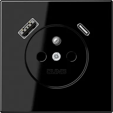 JUNG LS 1520 F-15 CA SW wandcontactdoos penaarde Safety+ met USB type A en C LS990 zwart glans