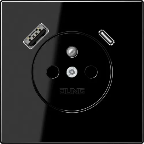 JUNG LS 1520 F-15 CA SW wandcontactdoos penaarde Safety+ met USB type A en C LS990 zwart glans