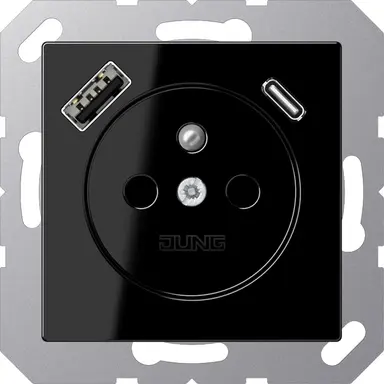 JUNG A 1520 F-15 CA SW wandcontactdoos penaarde Safety+ met USB type A en C A-range zwart glans