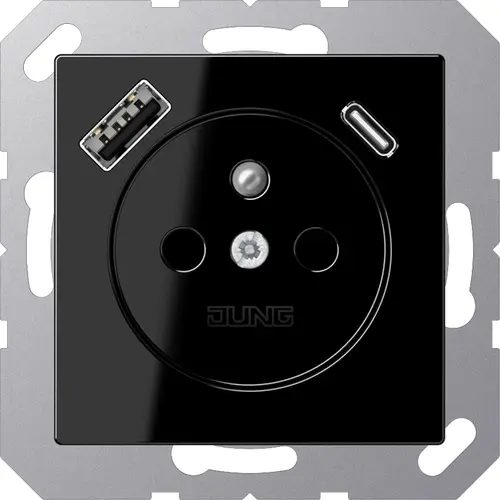 JUNG A 1520 F-15 CA SW wandcontactdoos penaarde Safety+ met USB type A en C A-range zwart glans