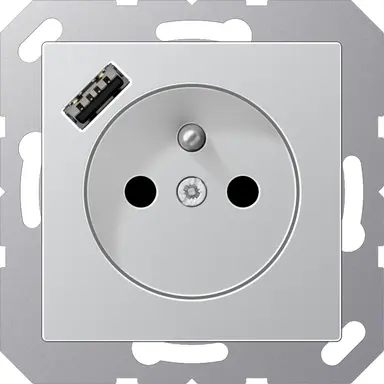 JUNG A 1520 F-18 A AL wandcontactdoos penaarde Safety+ met USB type A A-range aluminium
