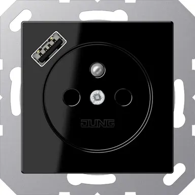 JUNG A 1520 F-18 A SW wandcontactdoos penaarde Safety+ met USB type A A-range zwart glans