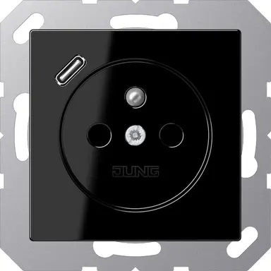 JUNG A 1520 F-18 C SW wandcontactdoos penaarde Safety+ met USB type C A-range zwart glans