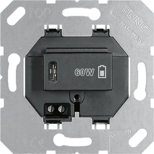JUNG USB PD60 C SW USB-lader type C met snellaadfunctie Power Delivery 60 Watt zwart glans