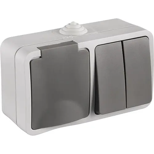 Q-Link 00.944.72 opbouw combinatie serieschakelaar en randaarde wandcontactdoos horizontaal grijs spatwaterdicht IP54 OP=OP