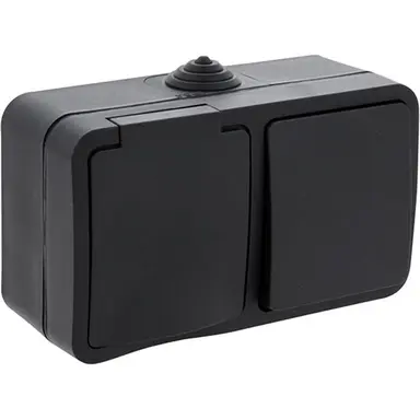 Q-Link 00.946.69 opbouw combinatie wisselschakelaar en randaarde wandcontactdoos horizontaal zwart spatwaterdicht IP54 OP=OP