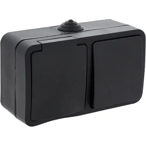 Q-Link 00.946.69 opbouw combinatie wisselschakelaar en randaarde wandcontactdoos horizontaal zwart spatwaterdicht IP54 OP=OP
