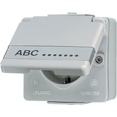 JUNG 620 NAW wandcontactdoos randaarde met klapdeksel en tekstkader opbouw IP44 WG600