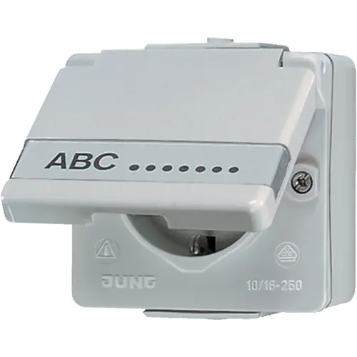 JUNG 620 NAW wandcontactdoos randaarde met klapdeksel en tekstkader opbouw IP44 WG600
