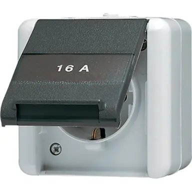 JUNG 820 NAW wandcontactdoos randaarde 16A 1-voudig tekstvenster opbouw IP44 horizontaal WG800