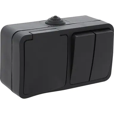 Q-Link 00.946.72 opbouw combinatie serieschakelaar en randaarde wandcontactdoos horizontaal zwart spatwaterdicht IP54 OP=OP