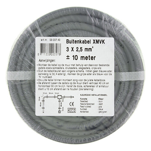 Q-Link 03.007.40 XMVK installatiekabel 3x2,5mm2 grijs rol 10 meter OP=OP