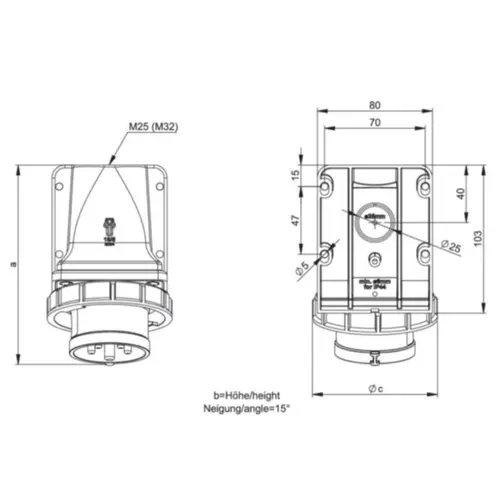 PCE 5252-6KV oopbouw toestelcontactdoos CEE 5-polig 32A 400V 6h rood IP67