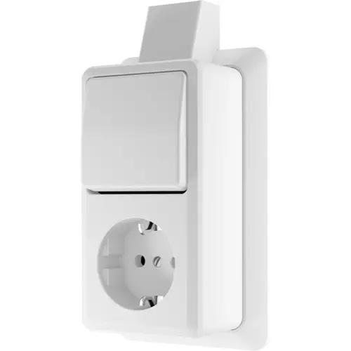 JUNG 676 A SM WW opbouw combinatie wisselschakelaar/wandcontactdoos randaarde met montageplaat en kabelinvoer AP600 alpine wit