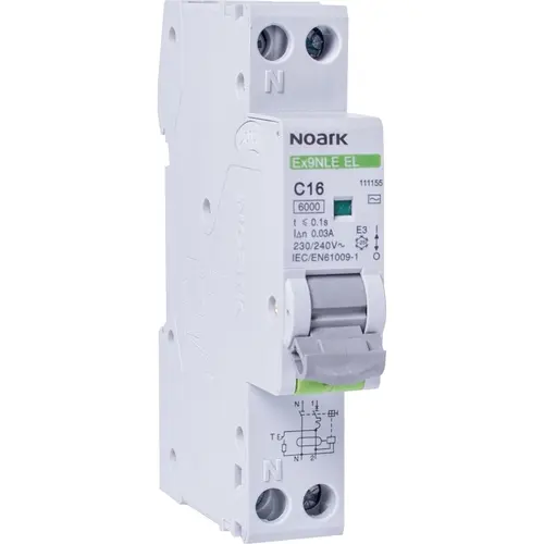 Noark EX9NLE EL 1PN C16 30 aardlekautomaat 1P+N 16A 30mA C-karakteristiek 6kA