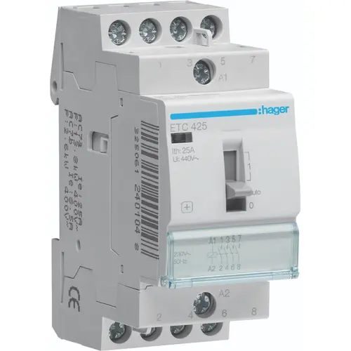 Hager ETC425 magneetschakelaar met handbediening en auto reset 4 maakcontacten 25A 230V
