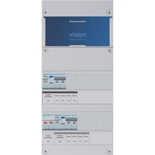 Hager VKG22E Vision groepenkast 1 fase 4 groepen 2 aardlekschakelaar en hoofdschakelaar 475x220 kast