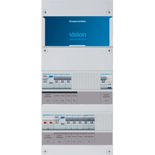 Hager VKG33E-AF vision groepenkast 1 fase 6 groepen 2 aardlekschakelaars 1 hoofdschakelaar een extra fornuisgroep en aardlekautomaat