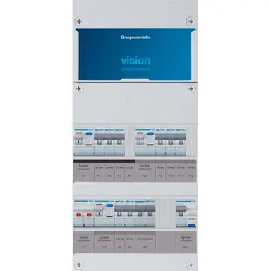 Hager VKG323E-AF vision groepenkast 1/3 fase 8 groepen 3 aardlekschakelaars 1 hoofdschakelaar een extra fornuisgroep en aardlekautomaat