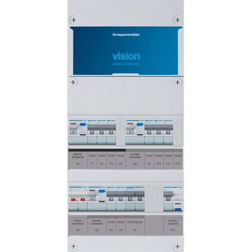 Hager VKG323E-AF vision groepenkast 1/3 fase 8 groepen 3 aardlekschakelaars 1 hoofdschakelaar een extra fornuisgroep en aardlekautomaat