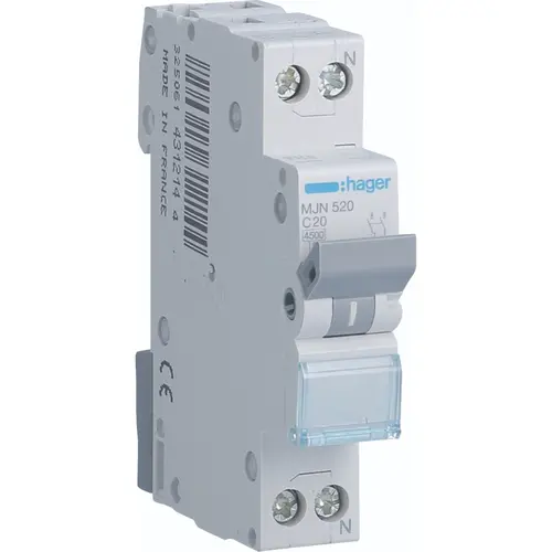 Hager MJN520 installatieautomaat 1p+N 20A C-karakteristiek 4,5kA