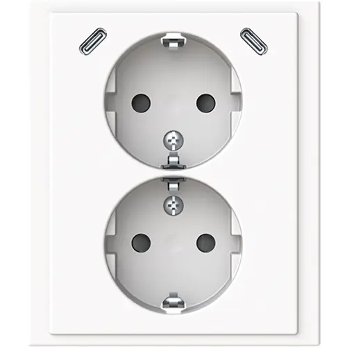 Busch-Jaeger 202EUJRB2USBC-84 wandcontactdoos 2-voudig randaarde Safety+ en 2x USB C voor enkele inbouwdoos Future Linear studiowit glans