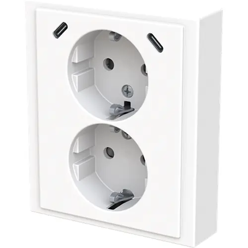 Busch-Jaeger 202EUJRB2USBC-84 wandcontactdoos 2-voudig randaarde Safety+ en 2x USB C voor enkele inbouwdoos Future Linear studiowit glans